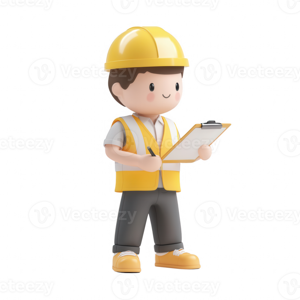 A cheerful construction worker holding a clipboard on the job site. png