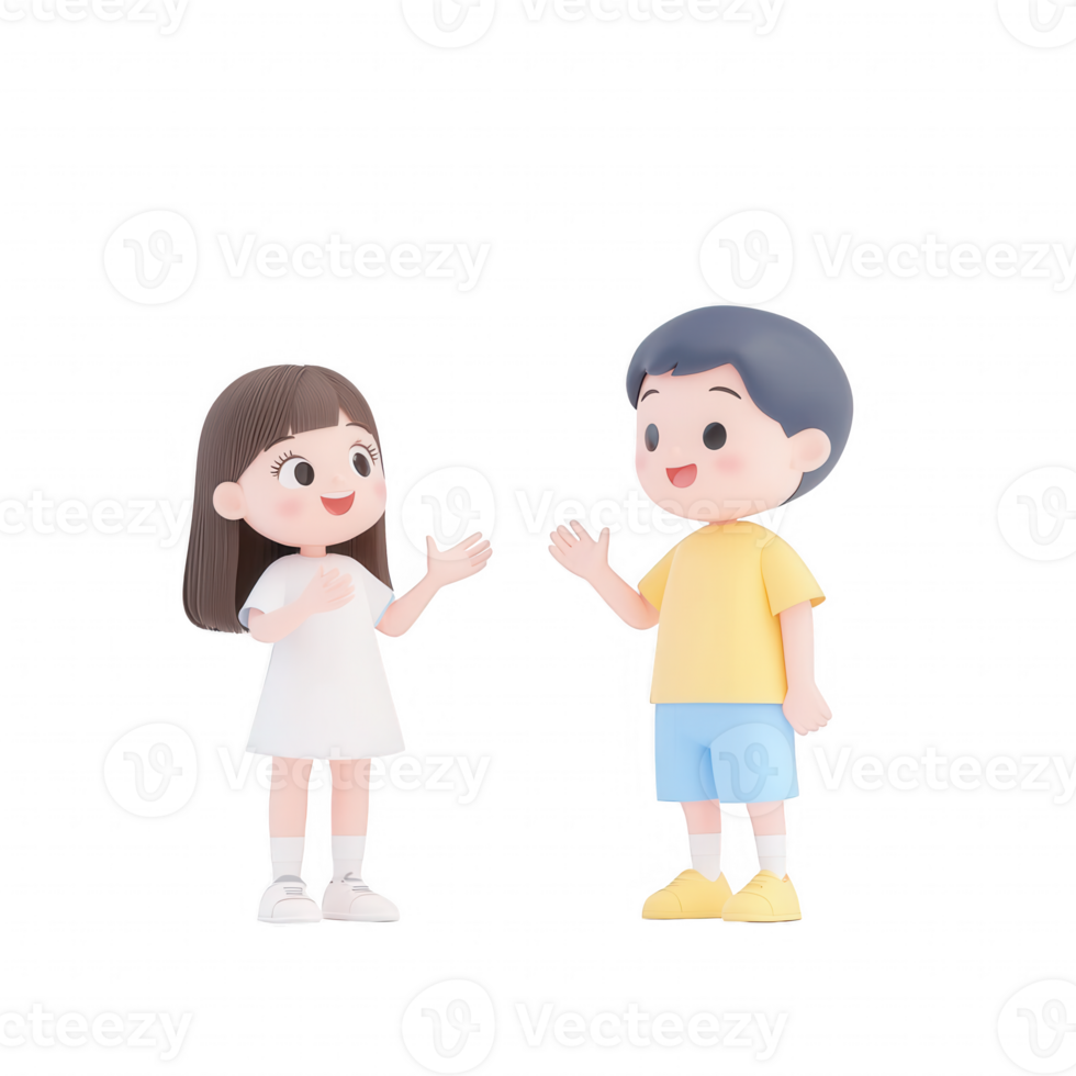 Two cheerful cartoon children engaging in friendly conversation. png