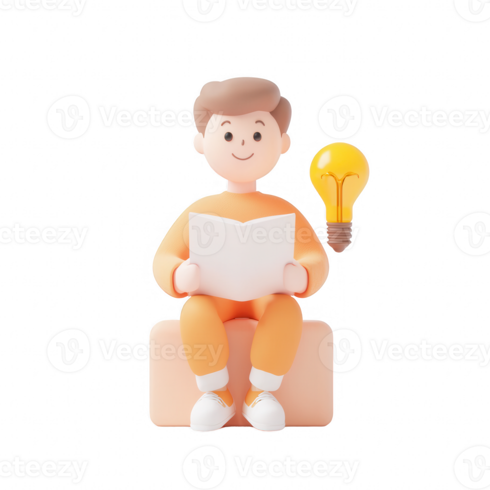 A cartoon character reading with a light bulb, symbolizing ideas and inspiration. png