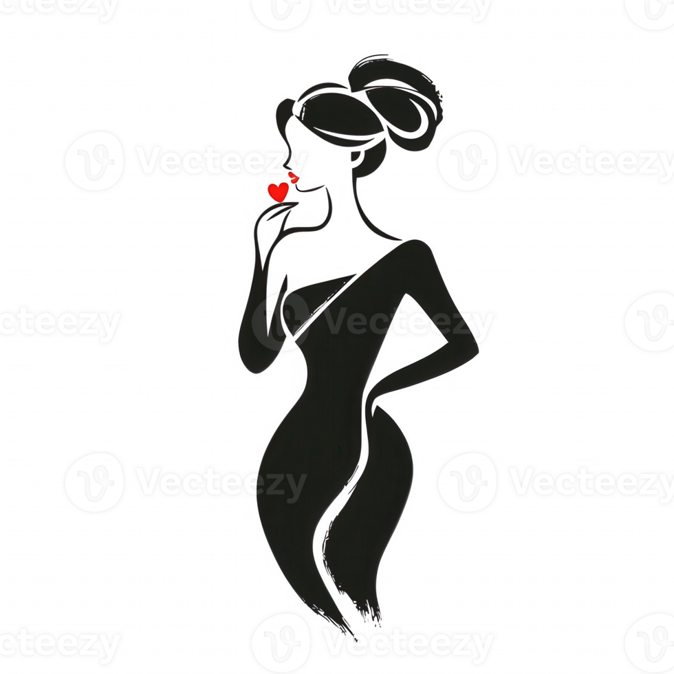 Silhouette of a woman holding a heart, expressing love and beauty in a stylish pose. png