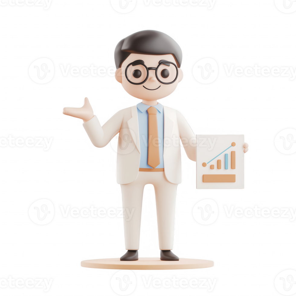 A cheerful cartoon businessman presenting a growth chart with confidence. png