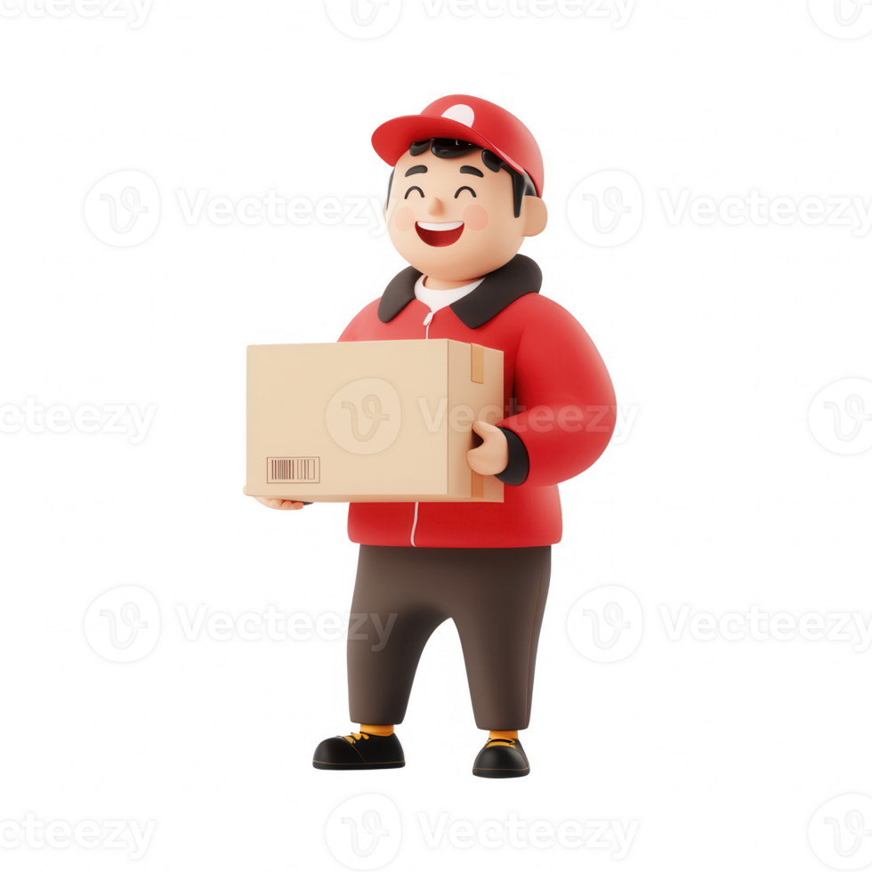 A cheerful delivery person holding a box, representing logistics and customer service. png