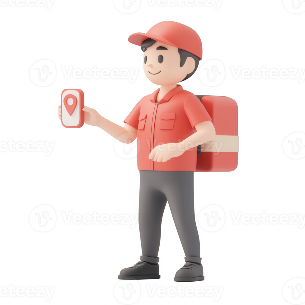 A cheerful delivery person holding a smartphone with a location marker. png
