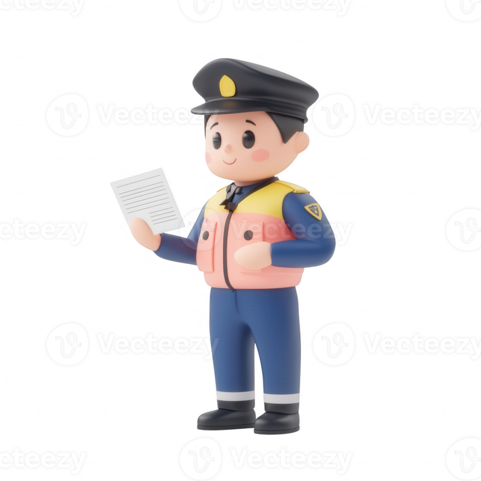 A cheerful cartoon policeman holding a ticket on a simple background. png