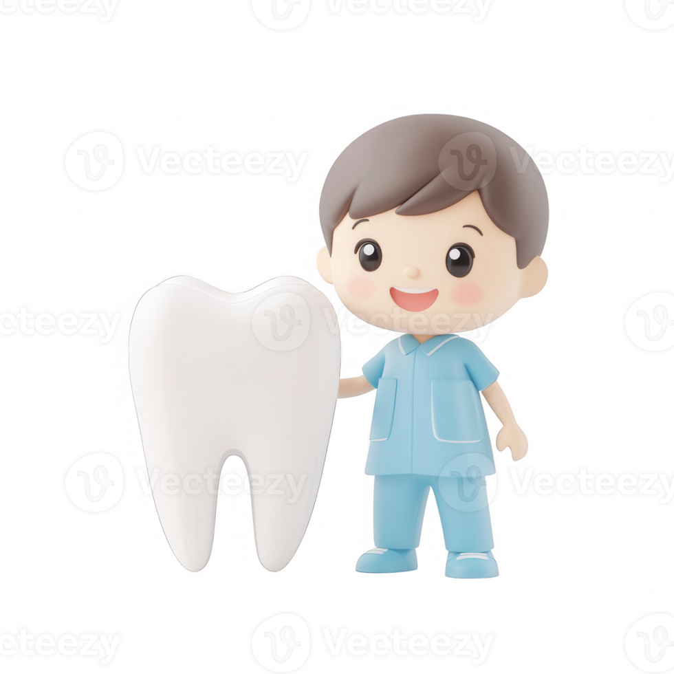 Cute dentist character holding a large tooth, promoting dental health and hygiene. png