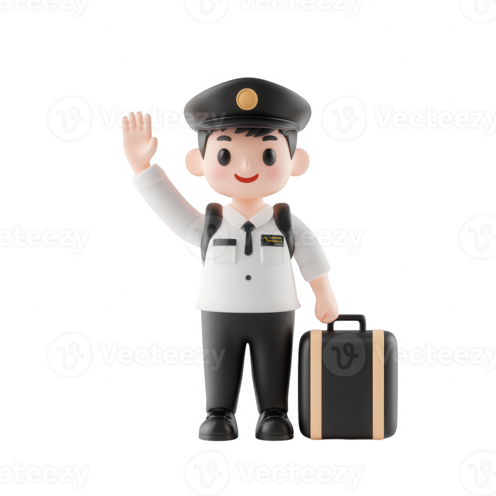 Friendly airport staff welcoming travelers with a suitcase and a cheerful wave. png