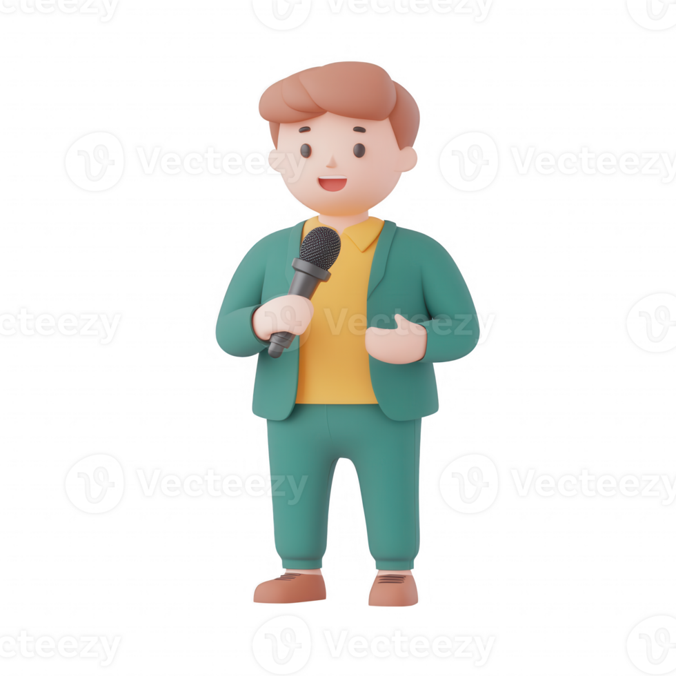 A cheerful man holding a microphone, ready to engage and inspire his audience. png