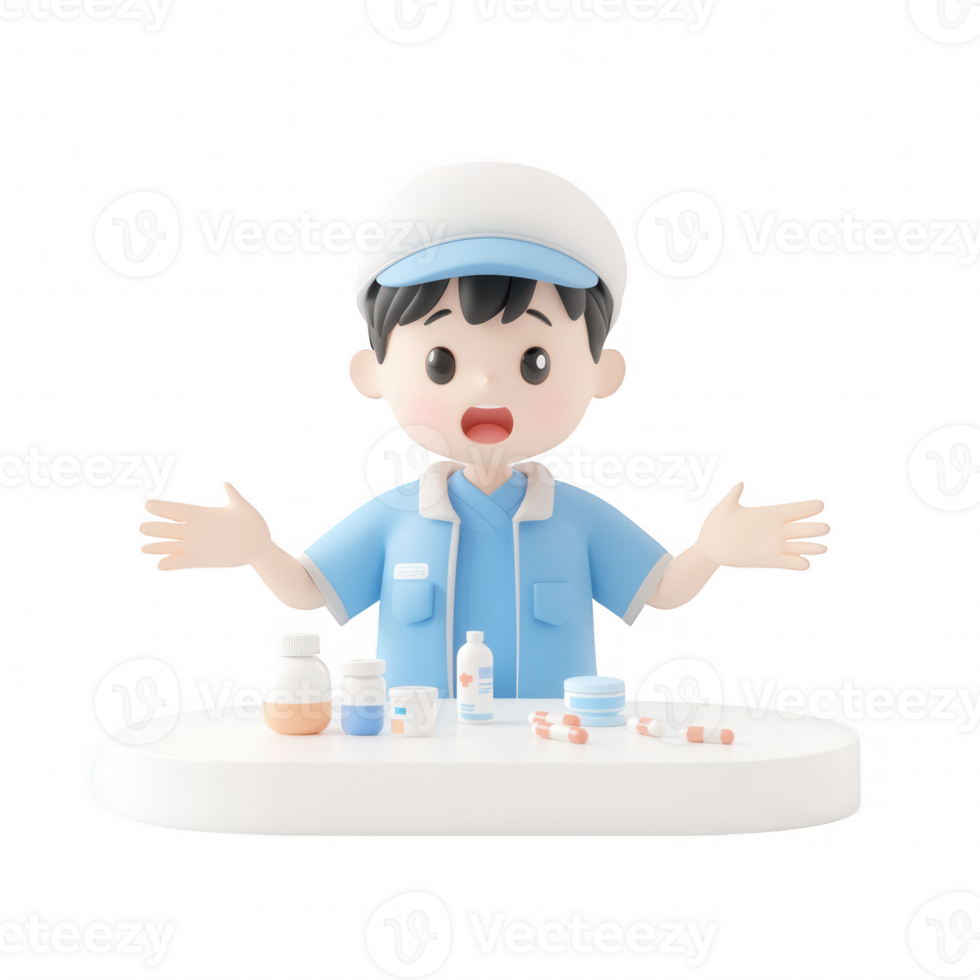 A cheerful character showcasing various skincare products in a playful setting. png
