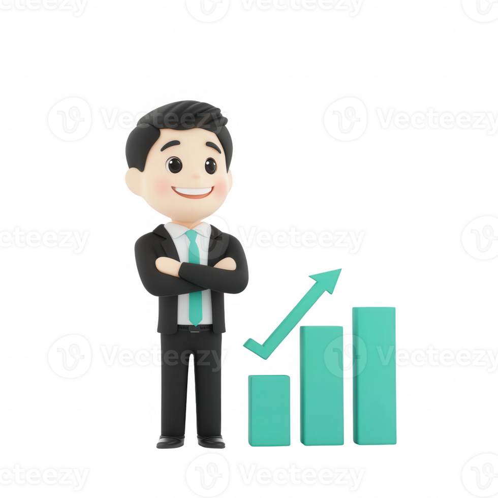 A cheerful businessman stands confidently beside a growing bar chart. png