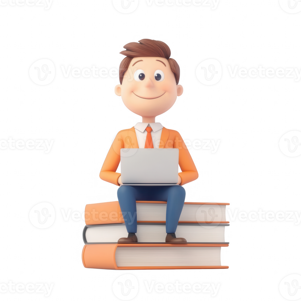 A cheerful character working on a laptop while seated on a stack of books. png