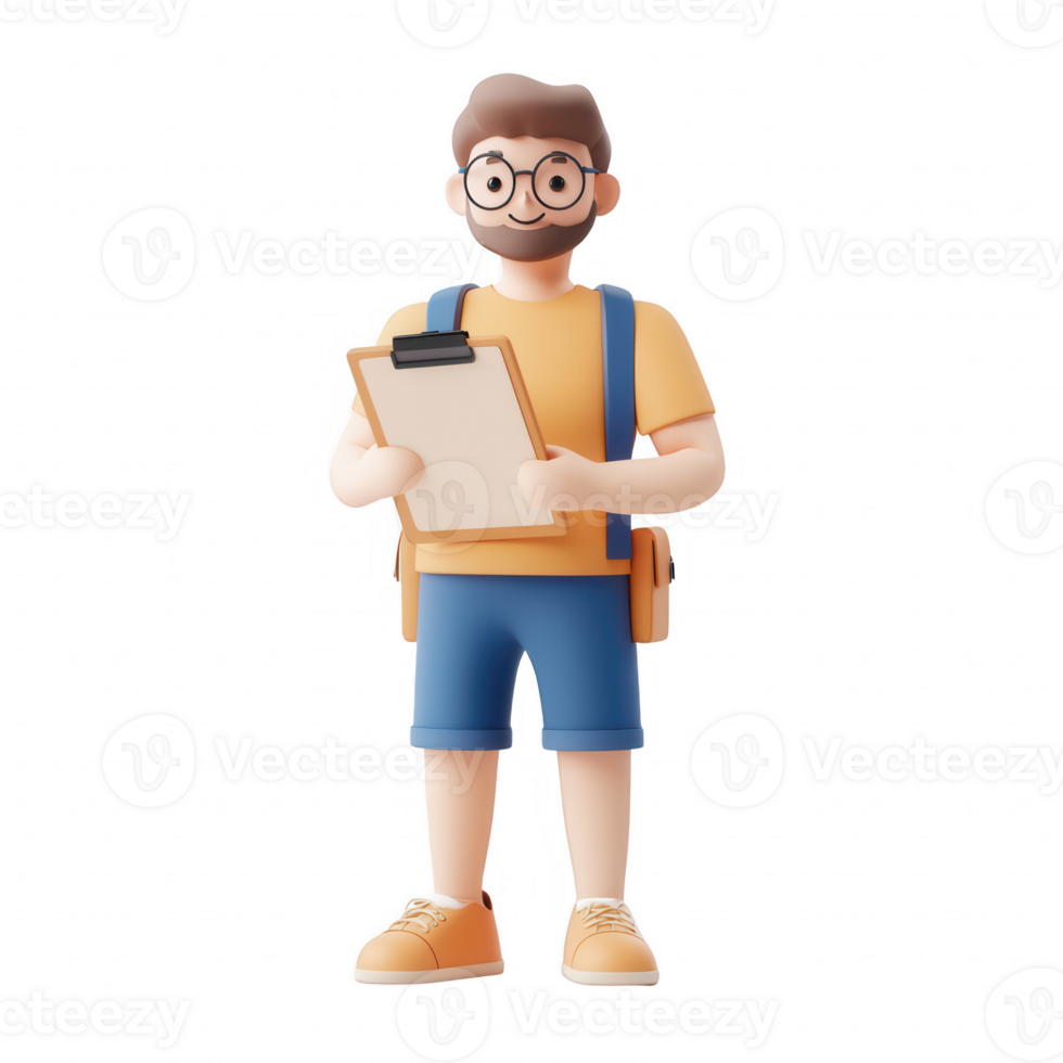 A young man with glasses holding a clipboard and wearing casual clothing. png