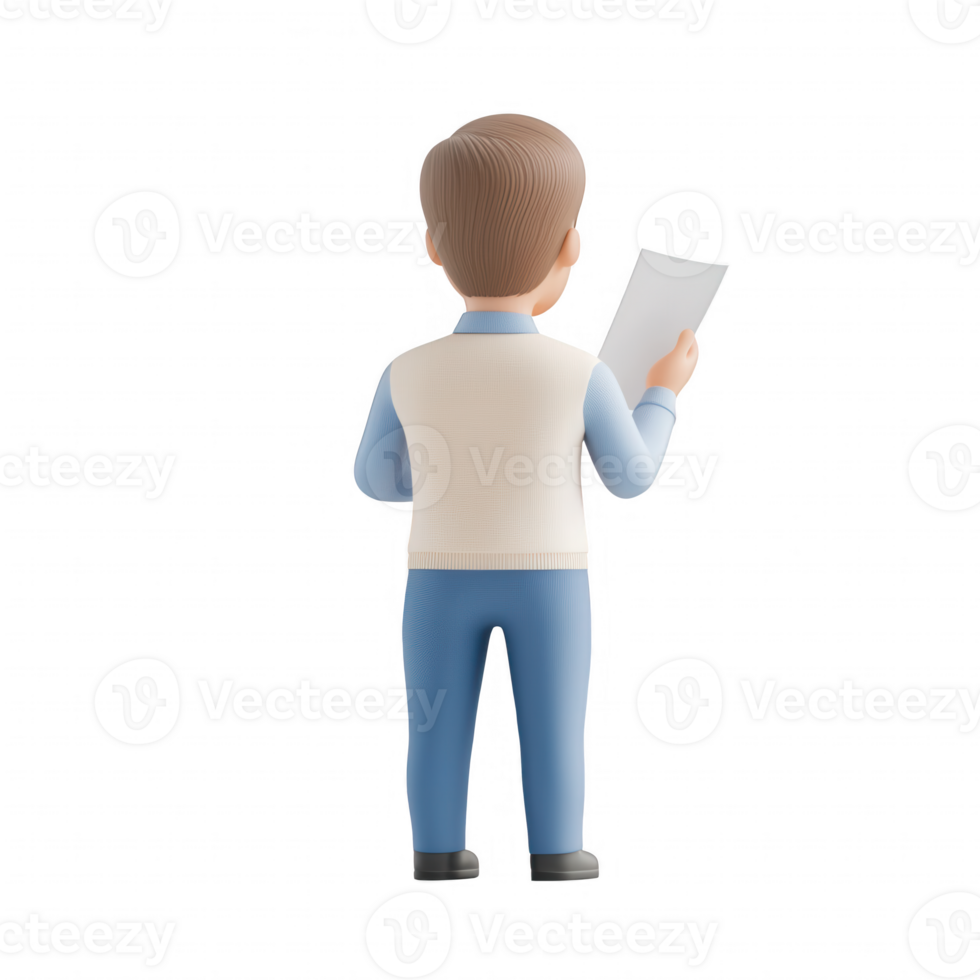 Character holding a document, representing data analysis and business planning. png