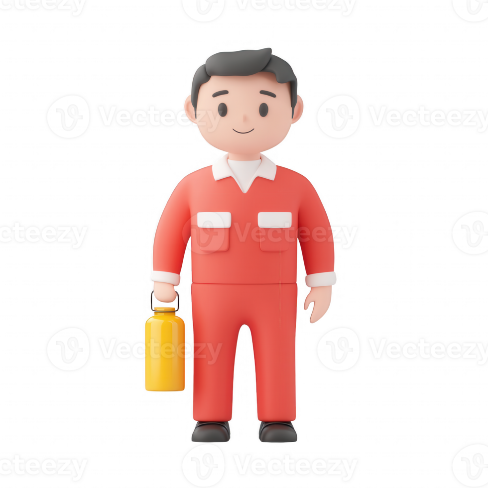 A cheerful worker in a red jumpsuit holding a yellow gas cylinder. 3D illustration. png