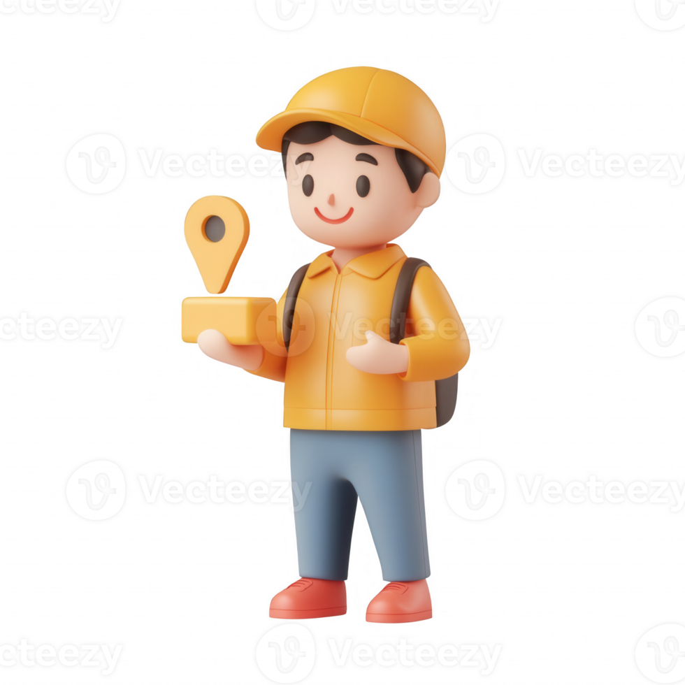 A cheerful boy holding a location marker, symbolizing navigation and exploration. png