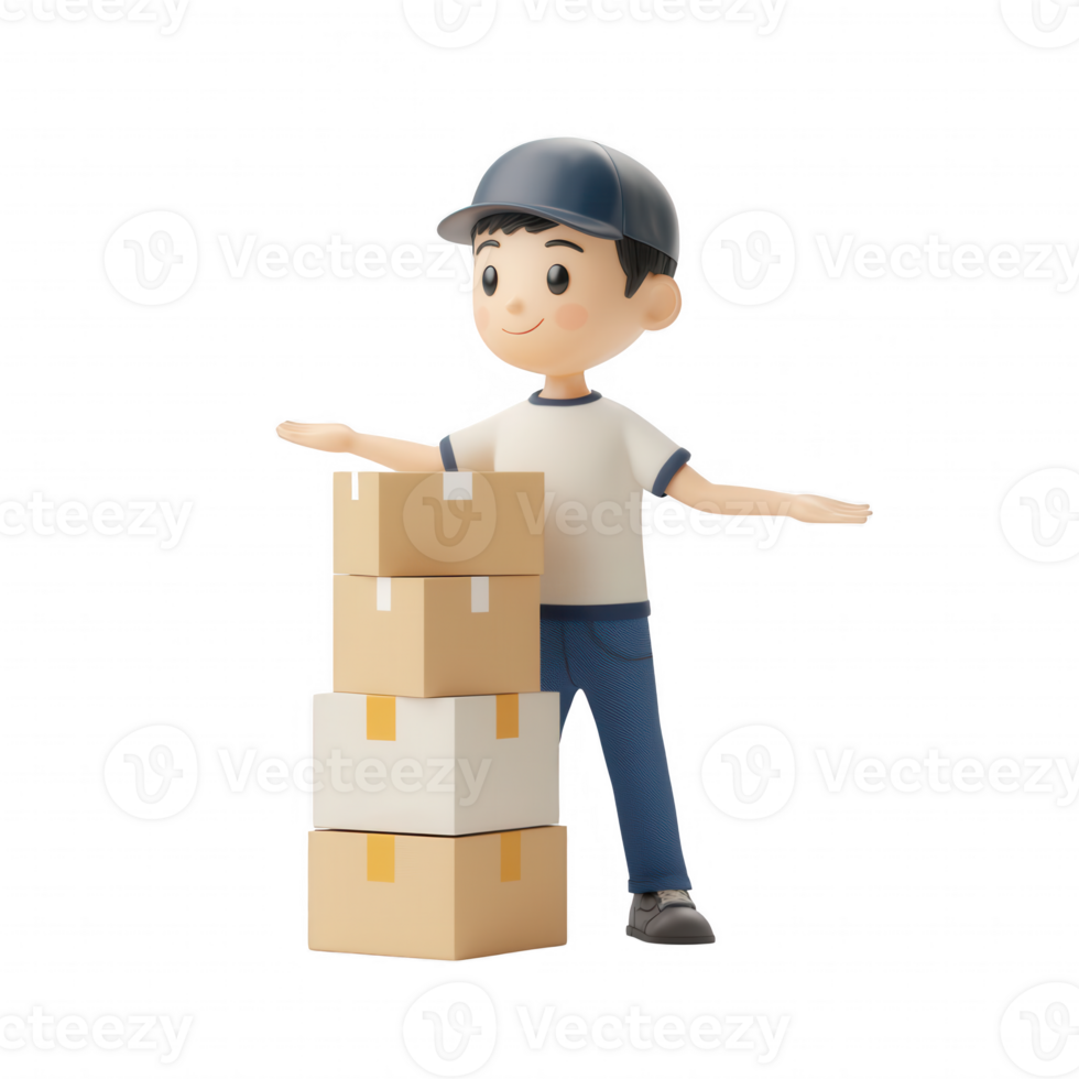 A cheerful delivery person stands beside stacked boxes, ready for shipment. png