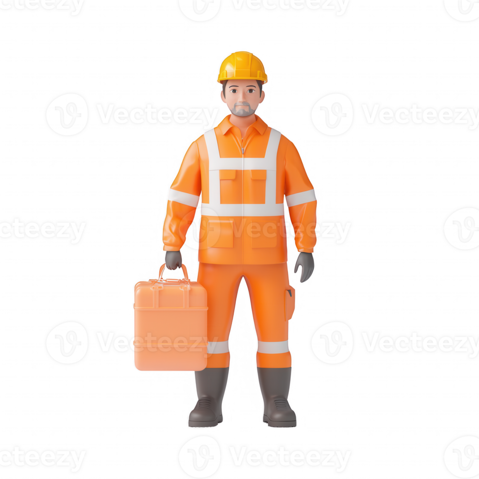 A construction worker in safety gear holding a toolbox for site operations. png