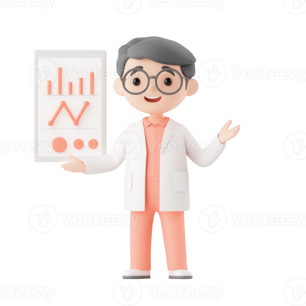 A cheerful scientist presenting data with graphs and charts in a modern style. png
