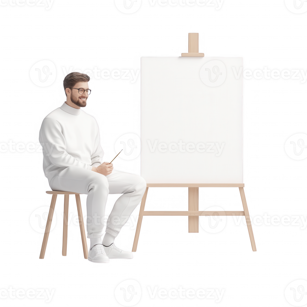 Artist preparing to create a painting on a blank canvas at a serene workspace. png