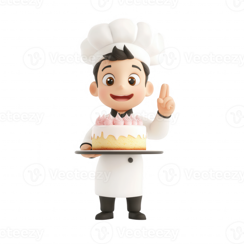 Cheerful cartoon chef holding a delicious cake with joyful expression. png
