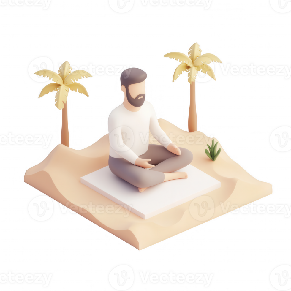 A serene scene of a man meditating in a tranquil beach environment. png