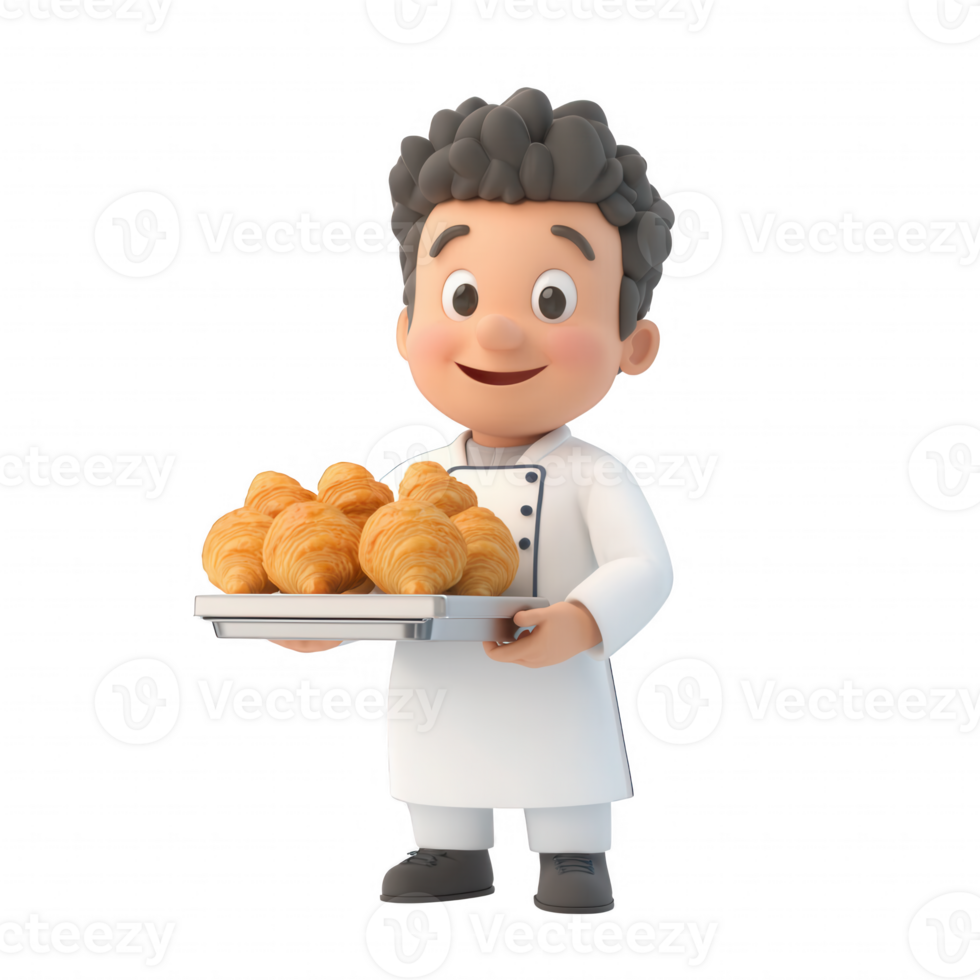 A cheerful baker presenting freshly baked croissants with a warm smile. png