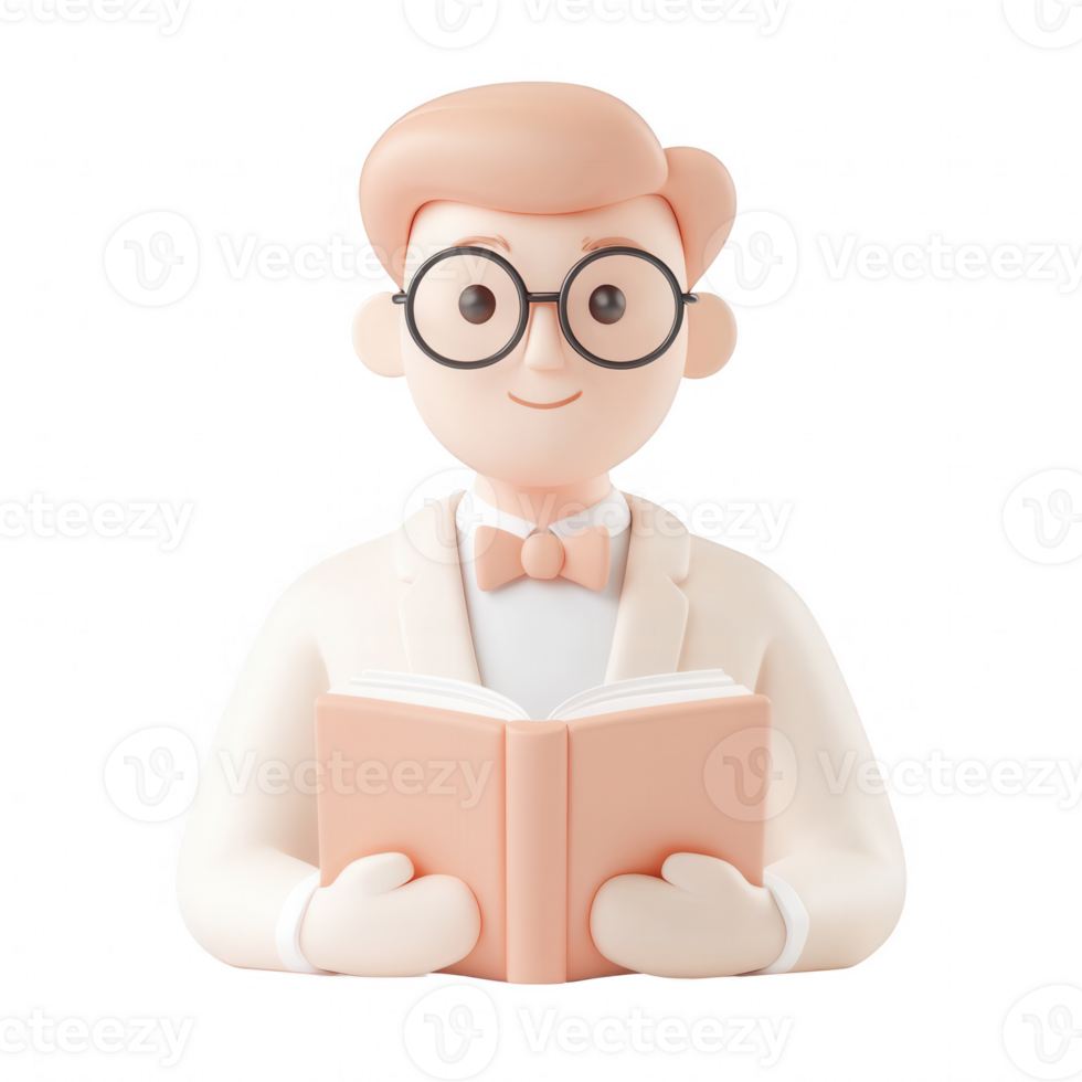 A cute, animated character reading a book, exuding charm and intelligence. png