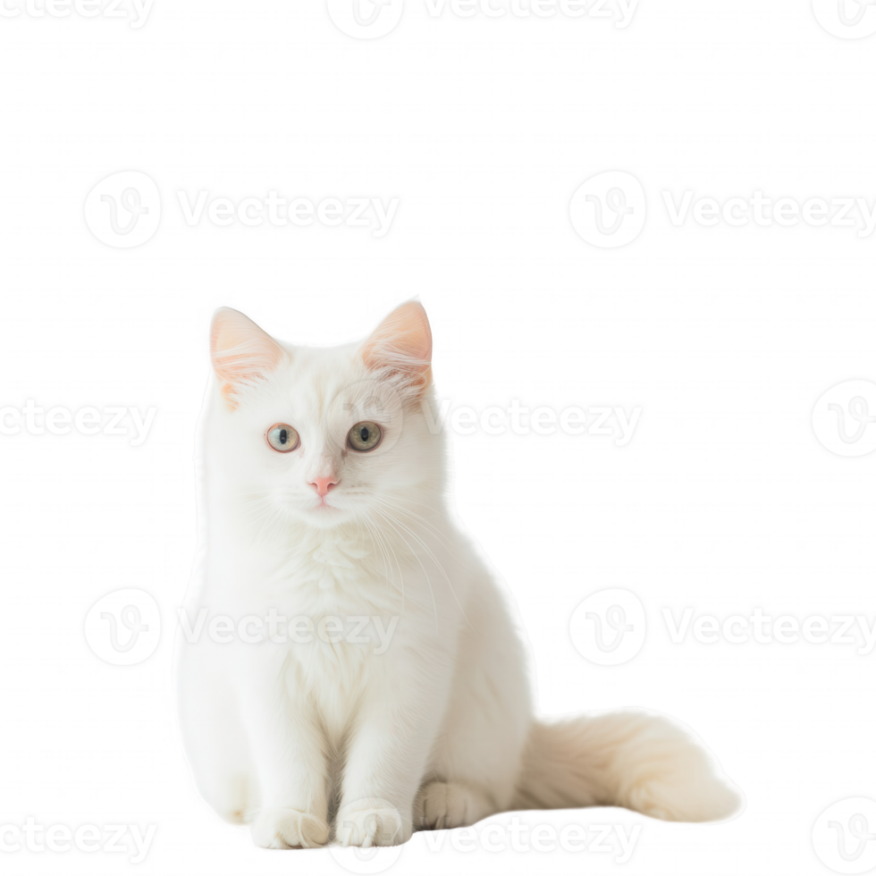 A fluffy white cat sitting gracefully, showcasing its soft fur and curious expression. png