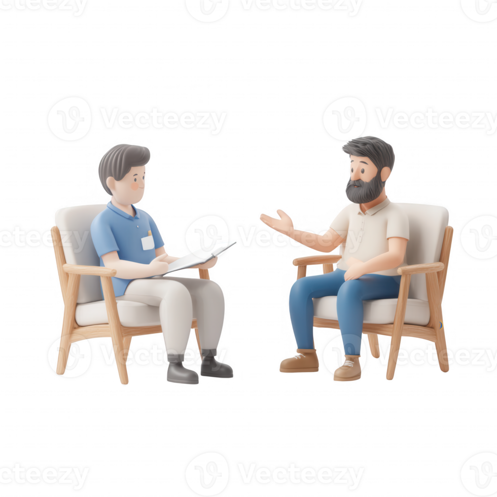 Two men in conversation, one taking notes, showcasing communication and collaboration. png