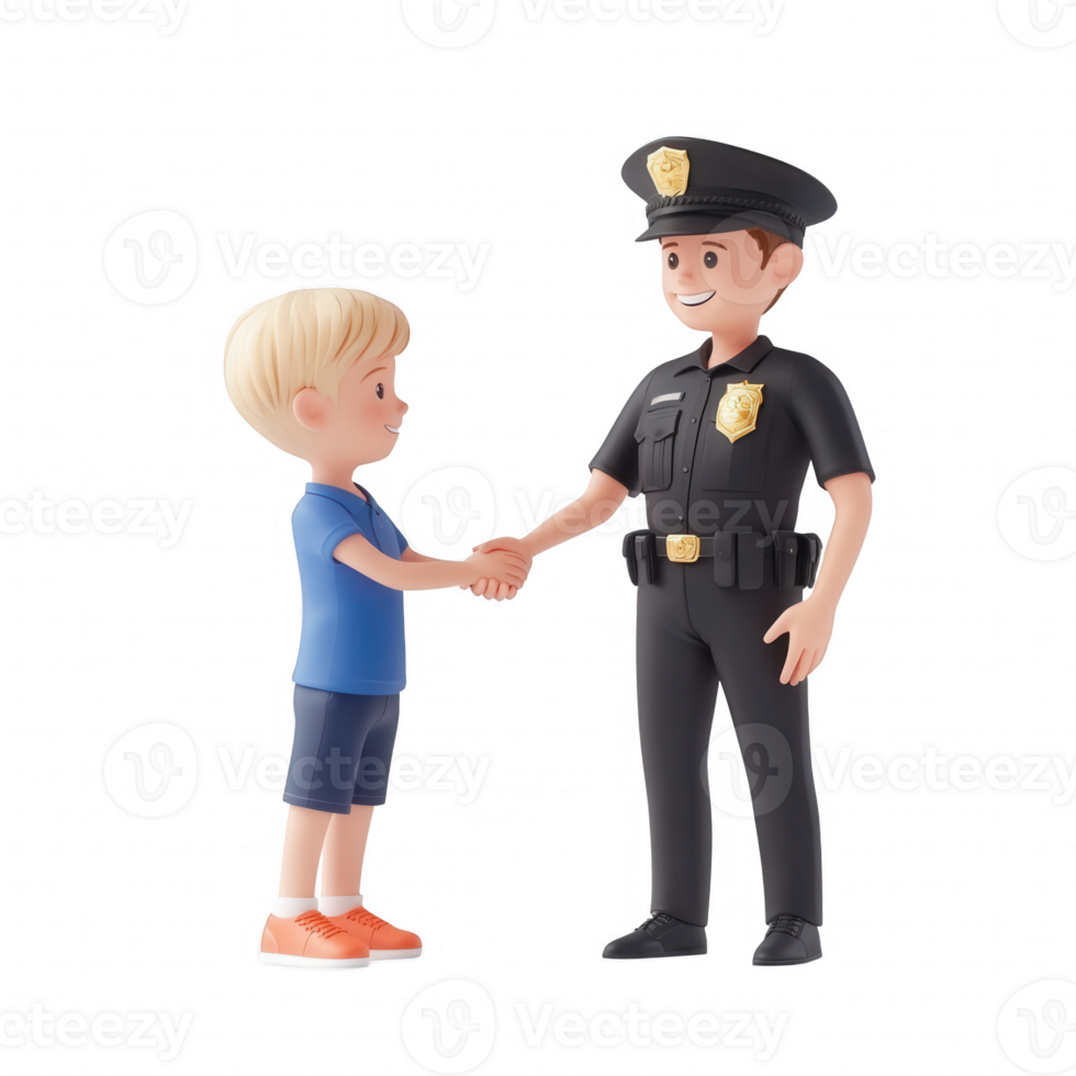 A cartoon police officer shakes hands with a young boy in a friendly interaction. png
