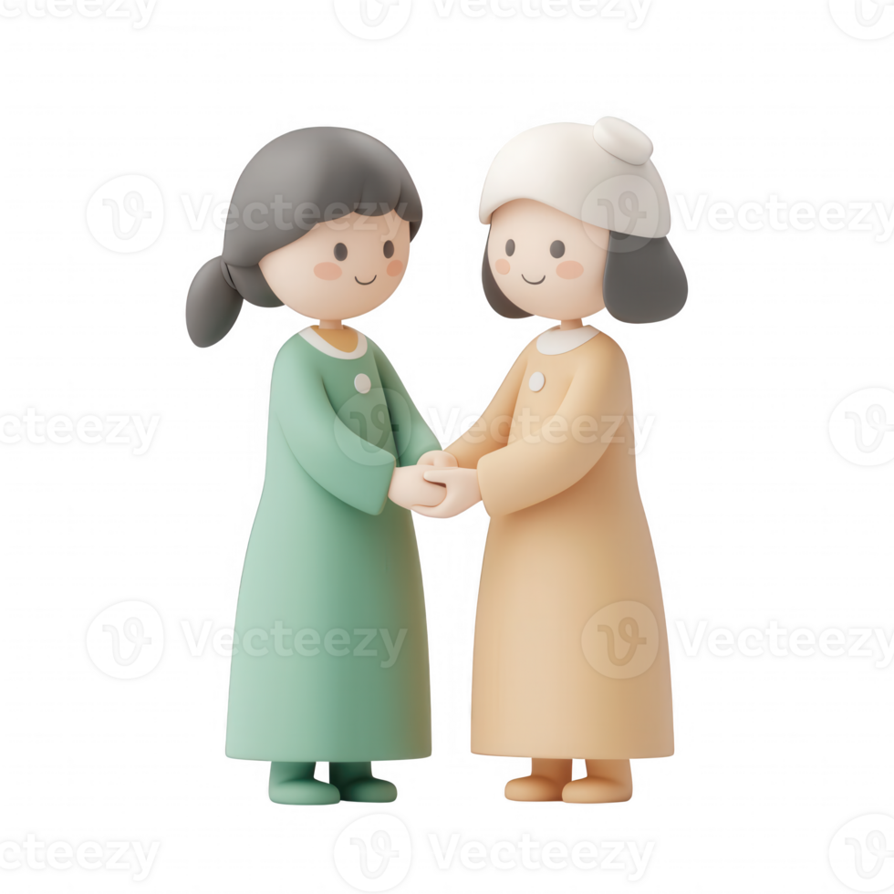 Two cute characters holding hands, portraying friendship and joy. png