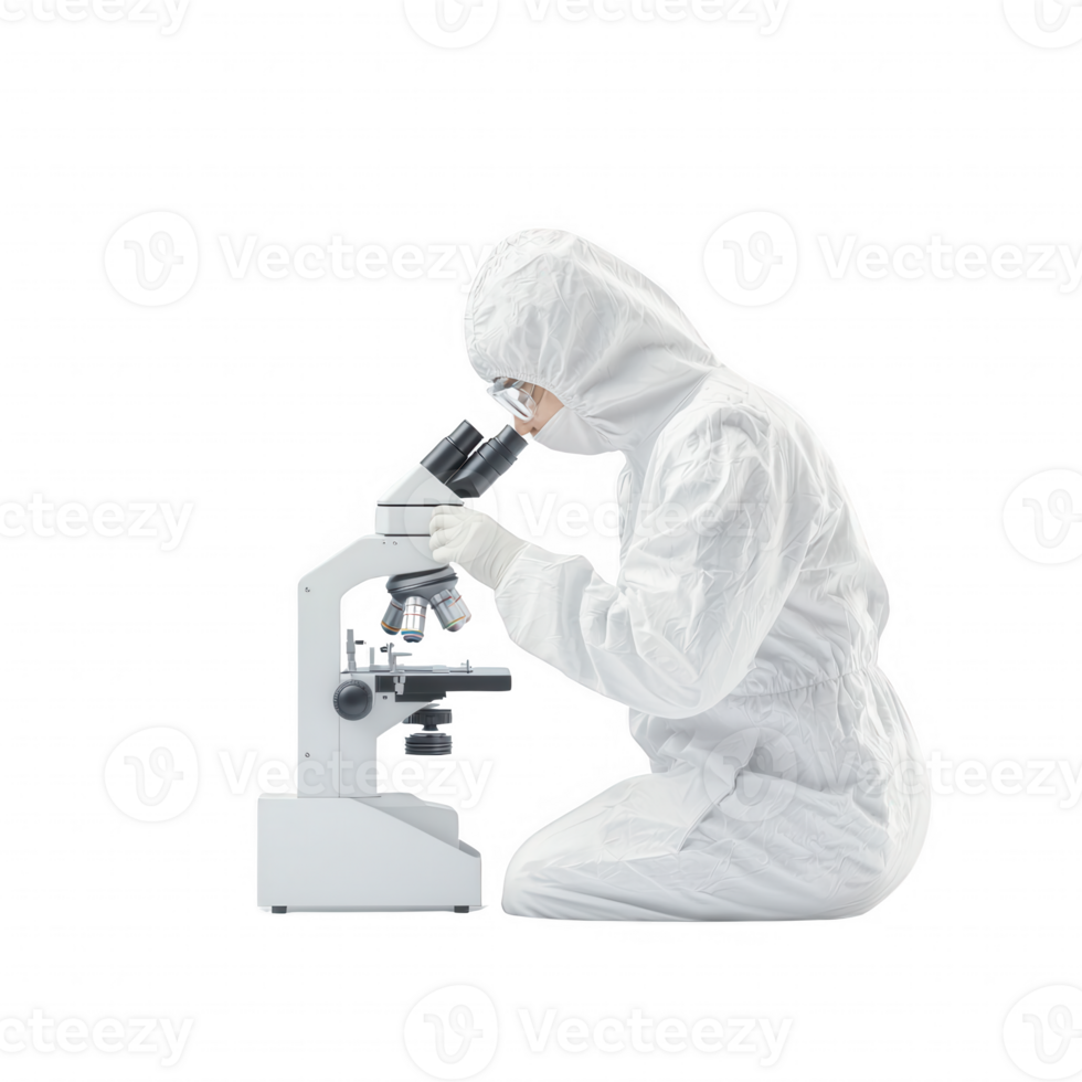 Scientist in protective gear analyzing samples under a microscope. png