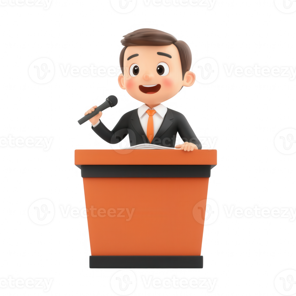 A cheerful cartoon character giving a speech at a podium, engaging the audience. png