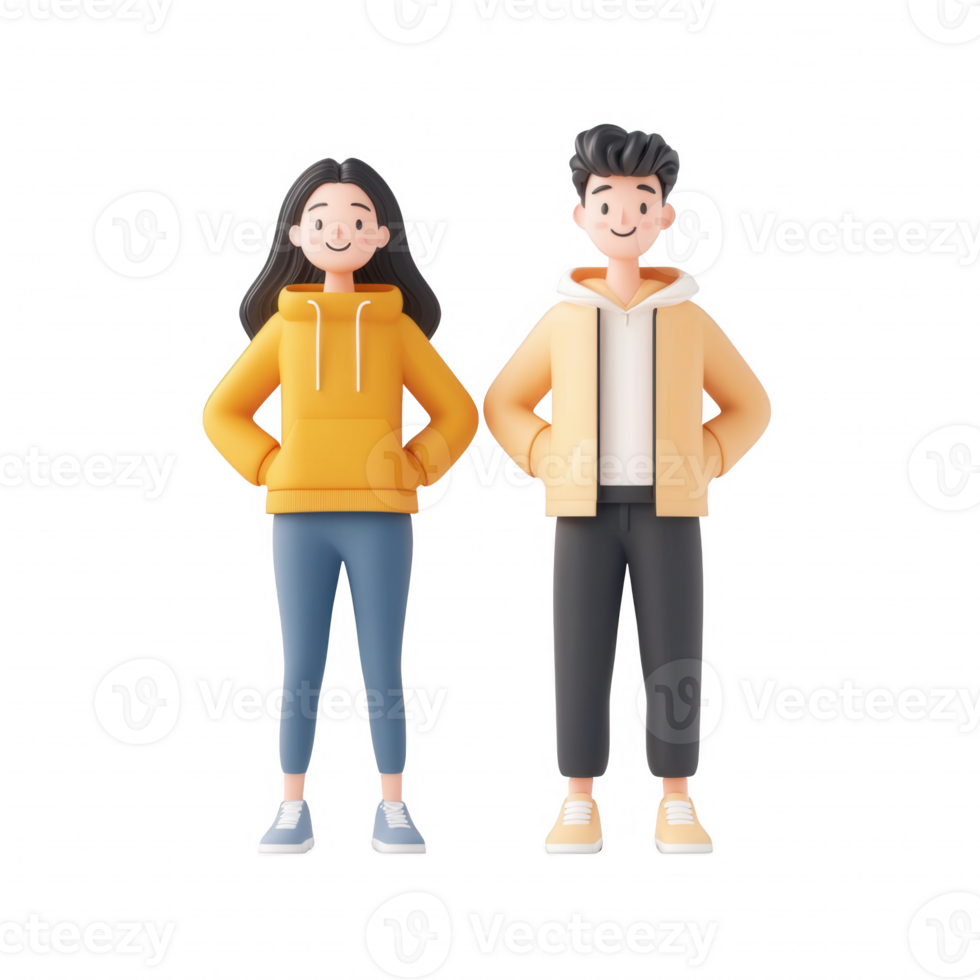 Two young adults in casual stylish clothing, showcasing modern fashion trends. png