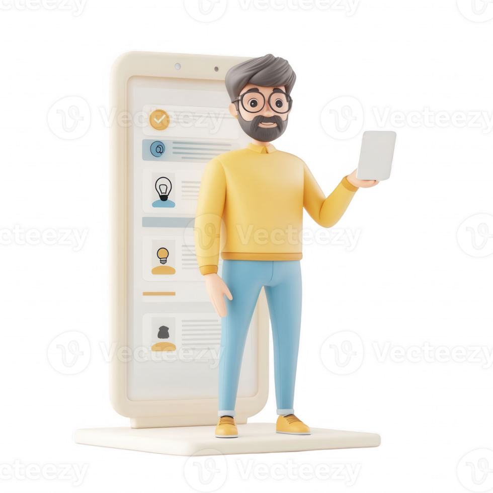 Smartphone user engaging with a digital interface in a modern, animated style. png