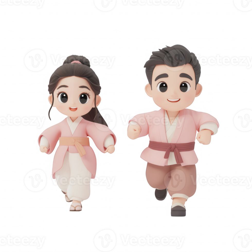 Two cute animated characters in traditional attire walking joyfully together. png