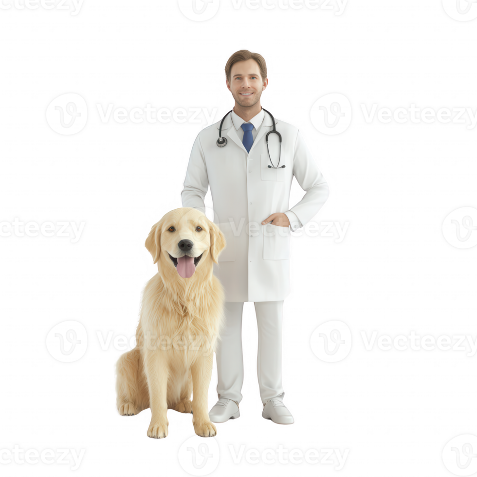 A smiling veterinarian stands proudly next to a golden retriever dog in a healthcare setting. png