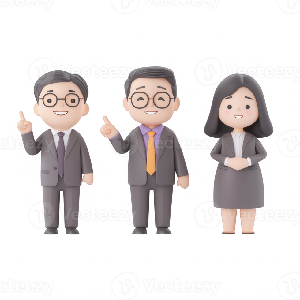 Three cartoon business professionals celebrating a successful idea with cheerful gestures. png
