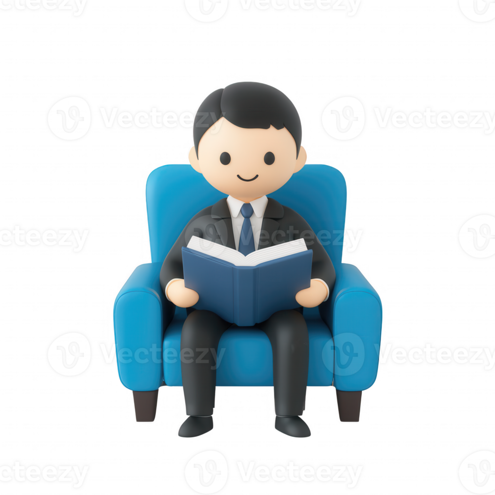 A smiling man in a suit reading a book while sitting in a blue armchair. png