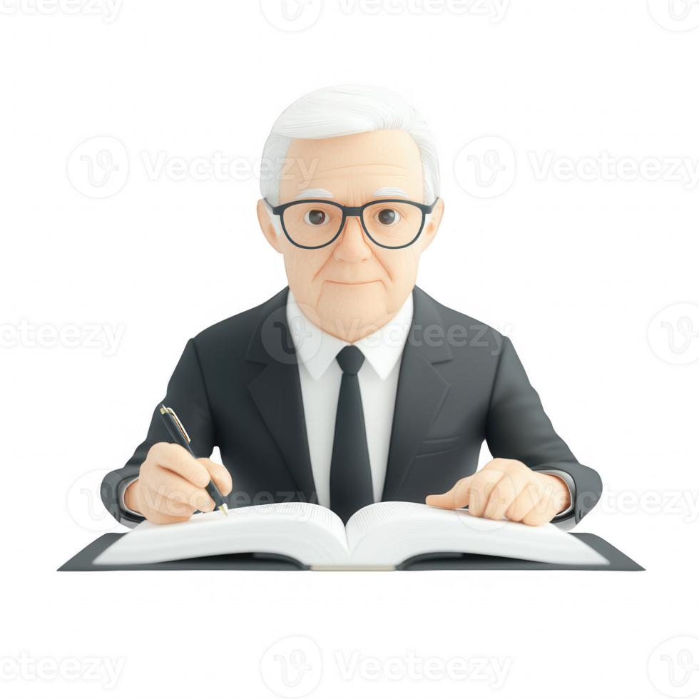 A wise older man in a suit, studying a large open book with thoughtful focus. png