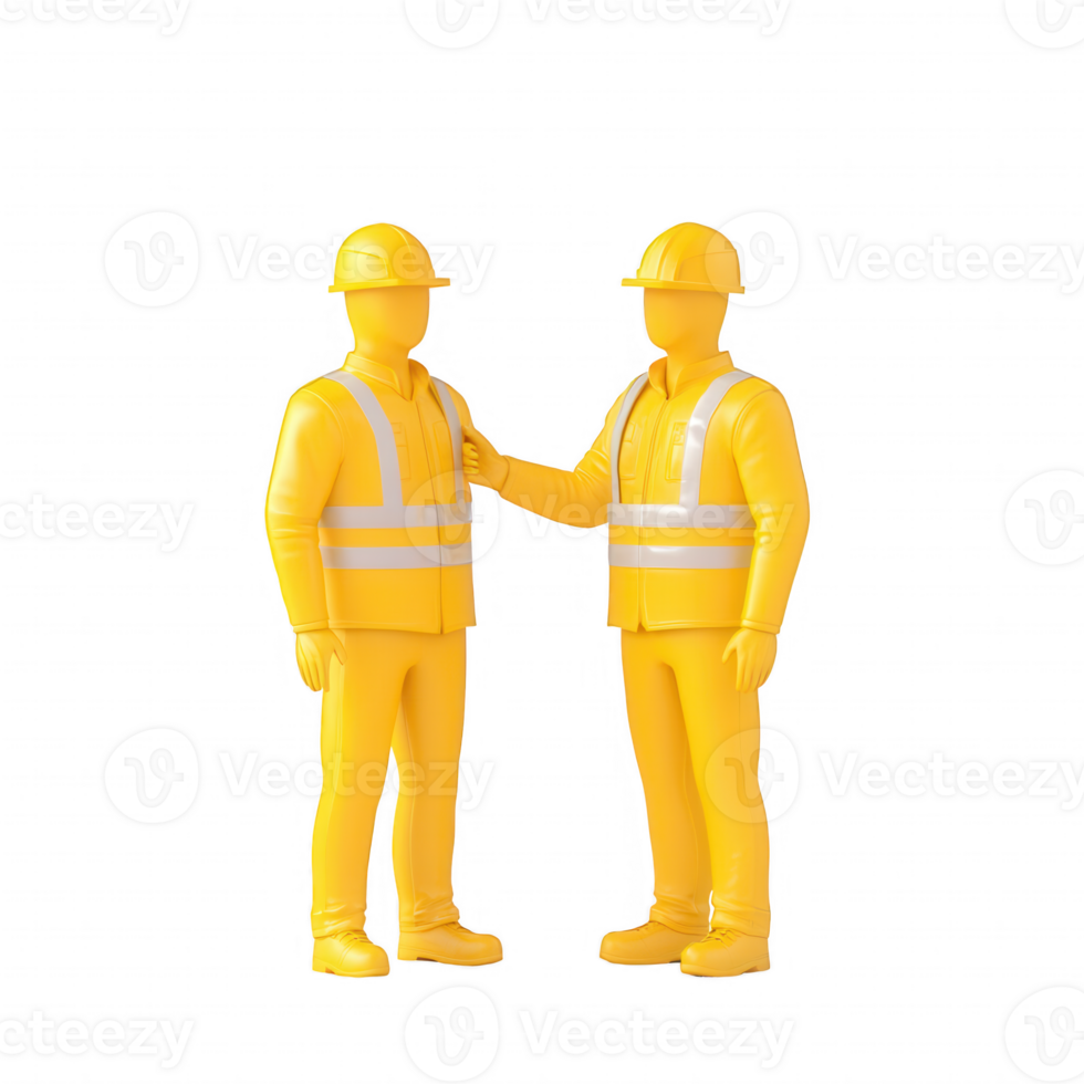 Two construction workers communicating and collaborating on-site in safety gear. png