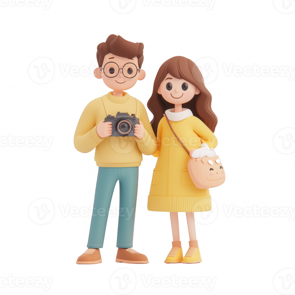 A cheerful couple posing with a camera, showcasing joyful moments of travel and exploration. png