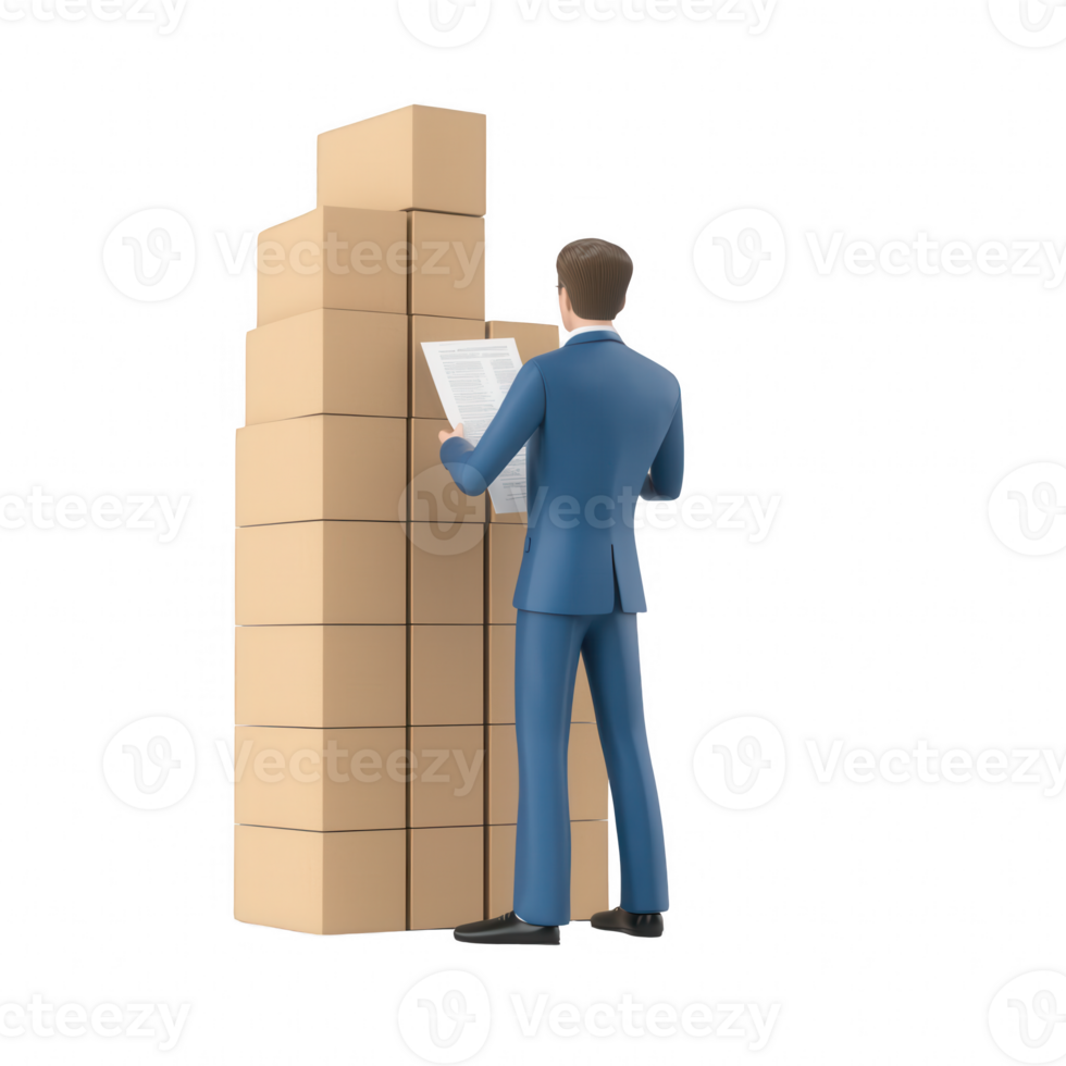 Businessman analyzes stacked boxes for efficient supply chain Businessman analyzes stacked boxes for efficient supply chain