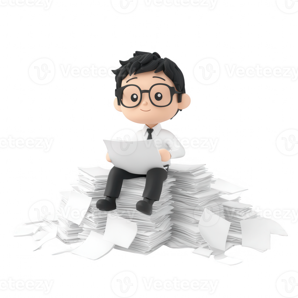 A cheerful cartoon character sitting on a pile of paperwork, reading a document. png