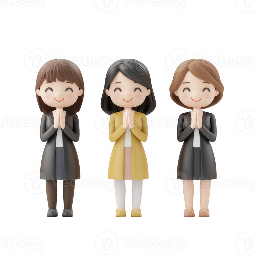Three cheerful women expressing gratitude with hands together in a friendly manner. png