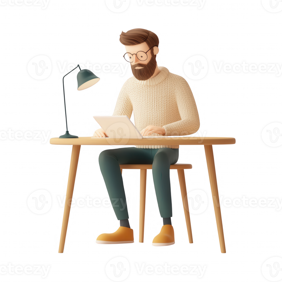 A man working on a tablet at a desk, embodying productivity and modern workspace. png