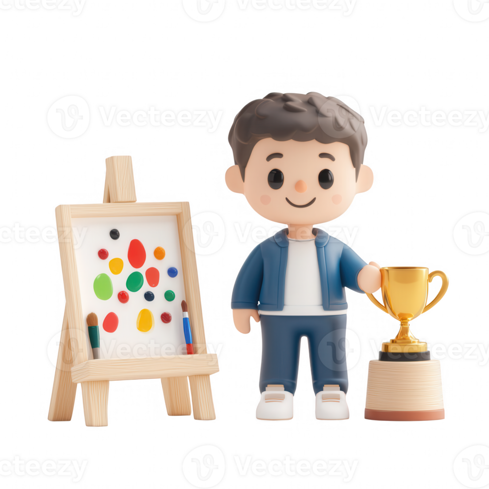 Cheerful artist with a trophy, standing next to a colorful painting on an easel. png
