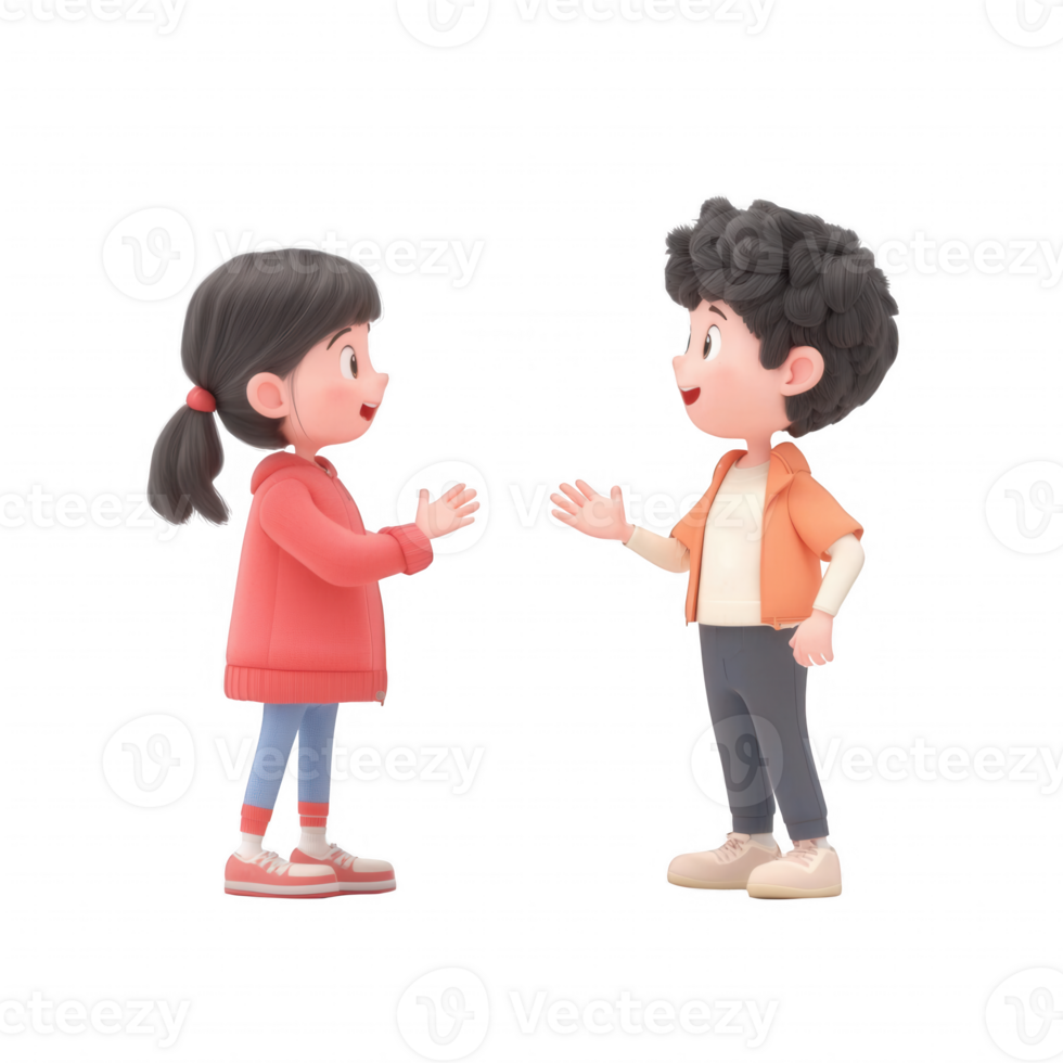 Two animated children engaging in a friendly conversation and sharing ideas. png