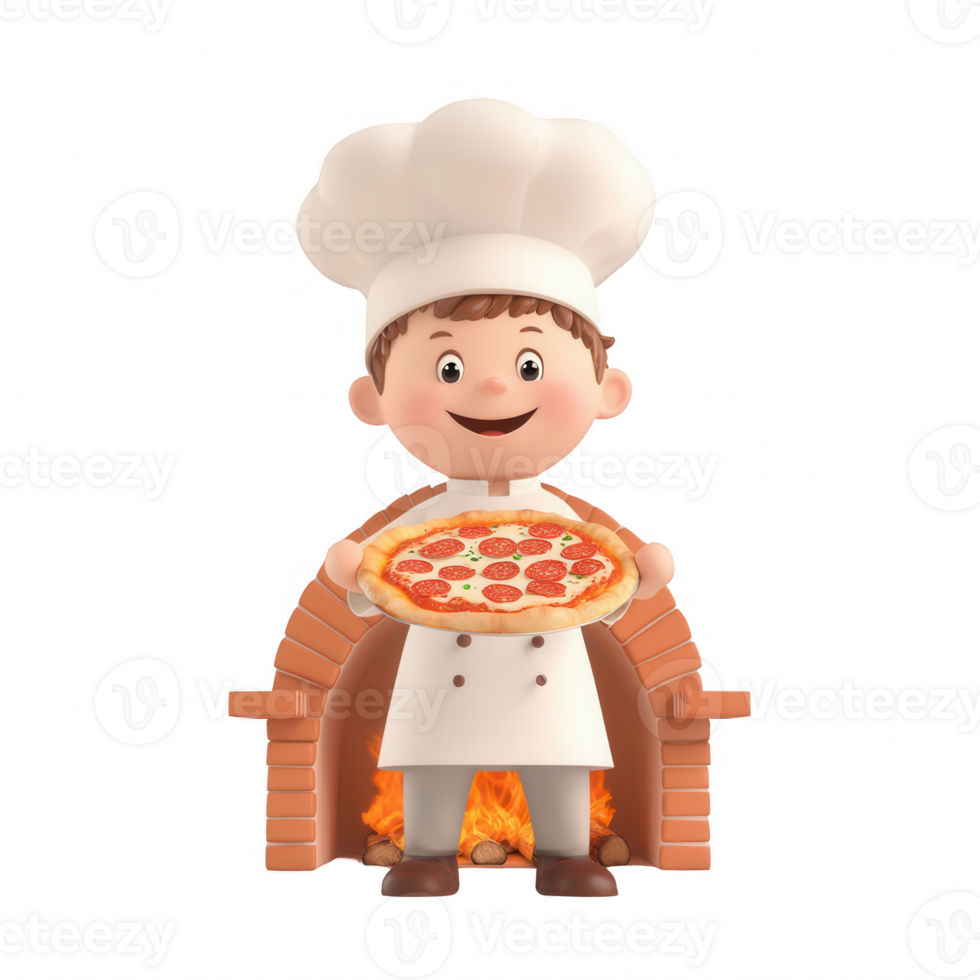 Cheerful pizza chef presenting freshly baked pizza in a traditional oven. png