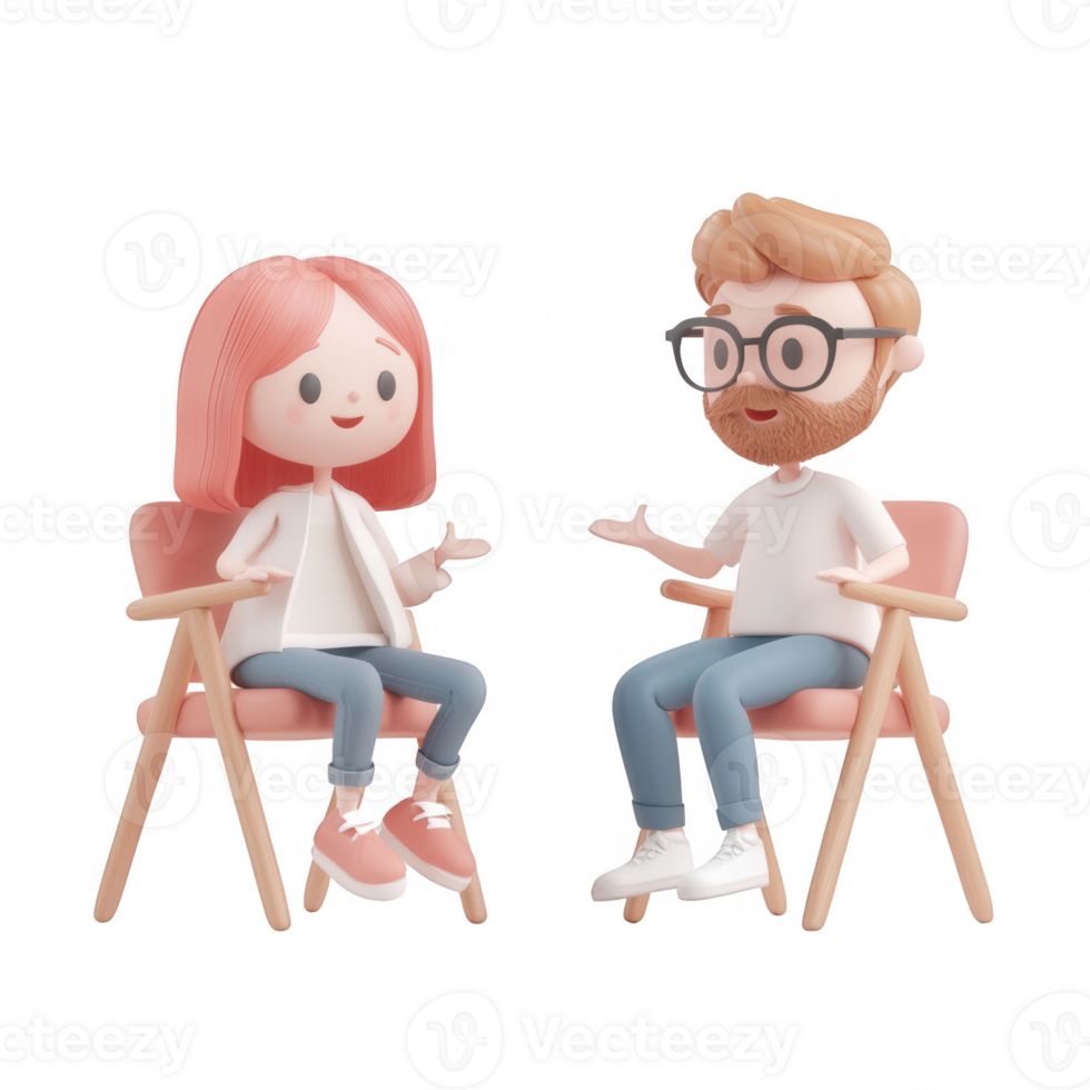Two friendly characters engaging in a lively conversation in a cozy setting. png