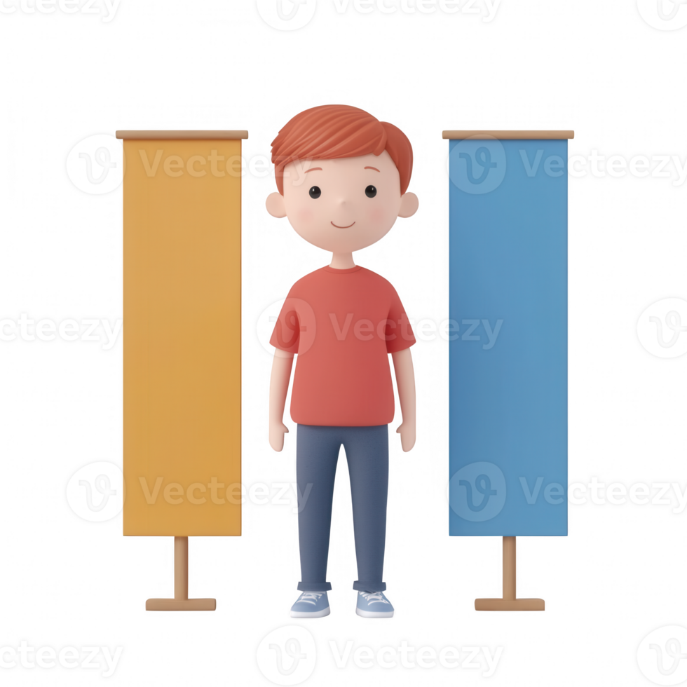 A cheerful character stands between two colorful banners, representing happiness and creativity. png